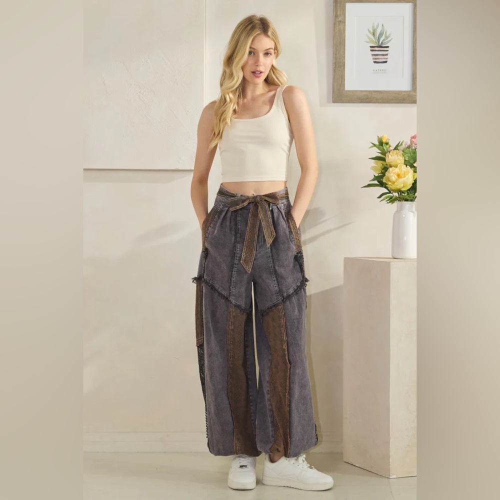 Wide-Leg Patchwork Pants with Tie Waist in Charcoal and Brown
